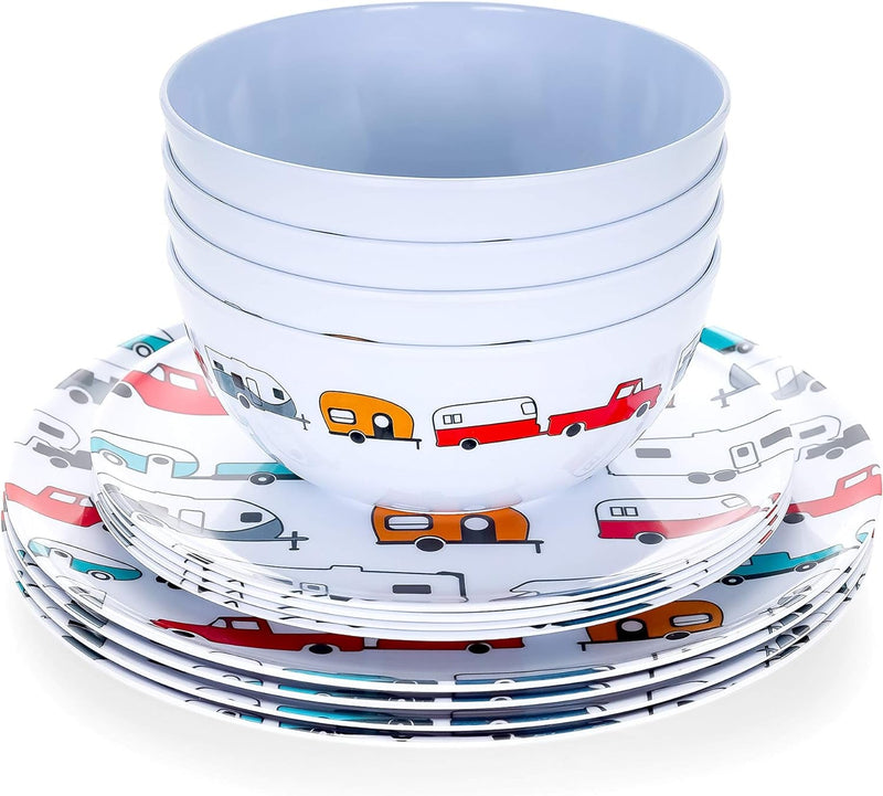 Camco Life Is Better at the Campsite Dishware Set | Features a Virtually Unbreakable Melamine Construction, Is Top Rack Dishwasher Safe, and Has a Multicolored Rv-Themed Design | 12-Piece (53297)
