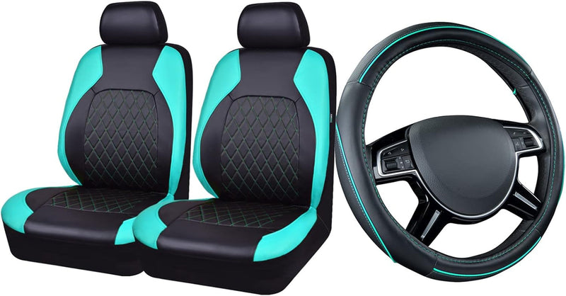 Car Pass Colour Piping Leather Universal Fit Steering Wheel Cover,Perfectly Fit for 14.5-15 Inches for Various Vehicles Suvs,Vans,Sedans,Cars (Black & Mint)