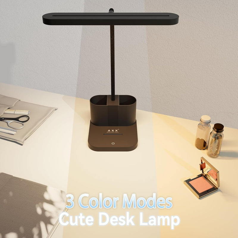 AXX Desk Lamp for College Dorm Room, School Study Supplies for Teens Kids, Office Desk Lights with Organizer/Storage, Desktop Lamp for Bedroom, LED, Small, Black, Pen Holder, Gooseneck