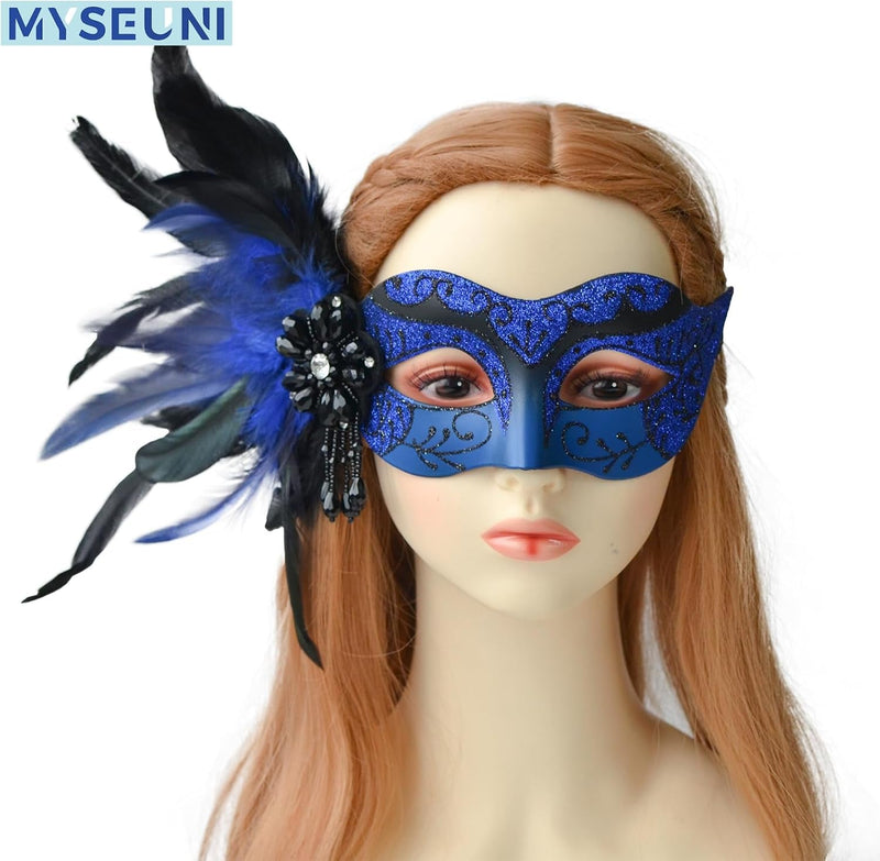 2024 New Blue and Black Masquerade Mask for Women with Feathers - Womens Mascarade Venetian Mask for Masquerade Party, Mardi Gras, Halloween Cosplay Prom, Christmas