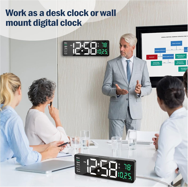 16.2" LED Digital Wall Clock with Remote, Auto Brightness, Alarm/Date/Temp/Week Display, 12/24Hr Format - Green