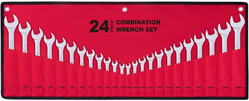 24-Piece All-Purpose Master Combination Wrench Set with Roll-Up Pouch | SAE 1/4” to 1”, Metric 8Mm to 24Mm | Perfect for General Household, Garage, Auto Repairs, Car, Truck, Boat, and Travel Emergency