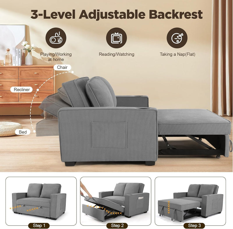 52" Convertible Sofa Bed, 3-In-1 Sleeper Sofa Pull-Out Bed, Multi-Functional Corduroy Futon Couch with Adjustable Backrest and Cup Holders, Loveseat Sofa for Small Space, Living Room, Dark Grey
