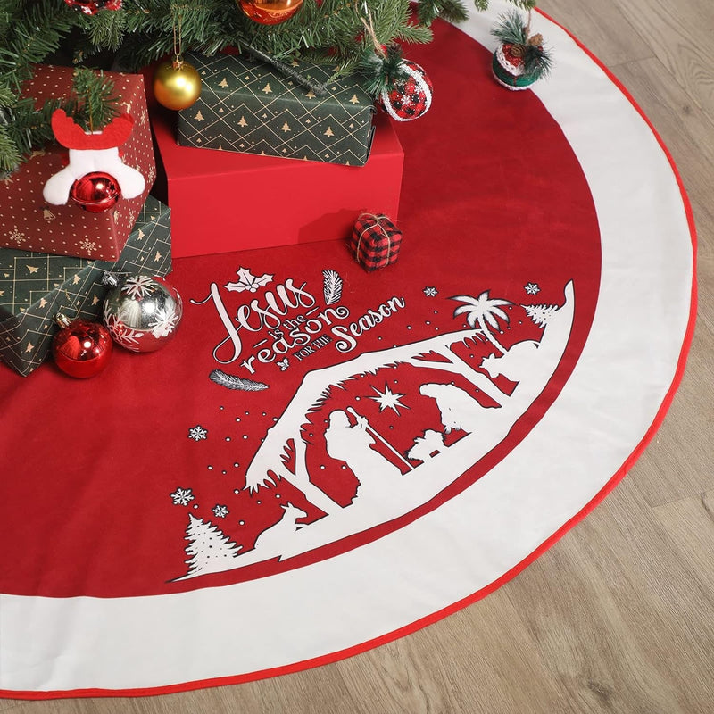 48 Inch Christmas Tree Skirt Nativity Scene Holy Family Xmas Tree Mat Jesus Is the Reason for the Season Tree Skirt Pad Double Layer round Tree Skirt for Christmas Holiday Jesus Party Decor (Red)