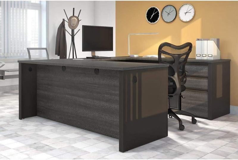 Bestar Prestige + U-Shaped Executive Desk with Pedestal, 72W, Bark Grey & Slate