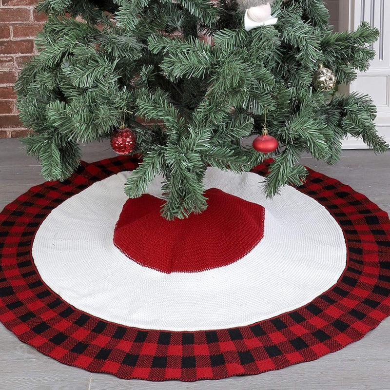 Buffalo Plaid Christmas Tree Skirt 48 Inches Black and Red Tree Skirt Holiday Party Tree Skirt Checked Tree Skirt Mat Christmas New Year'S Eve Party Decoration (48 Inches Christmas Tree Skirts)