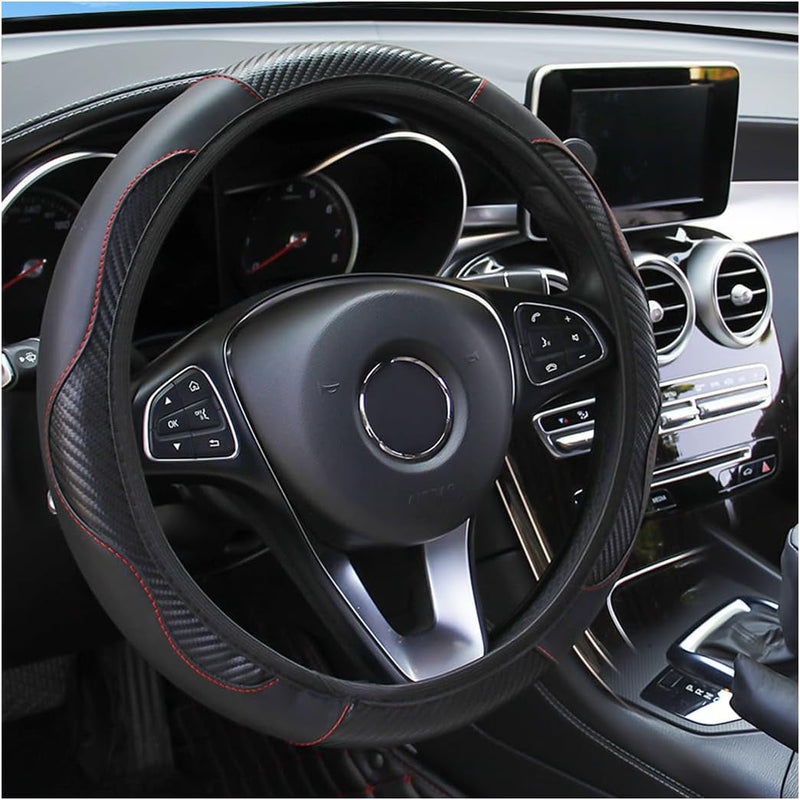 Car Steering Wheel Cover, 15 Inch Carbon Fiber Microfiber PU Leather Elastic Steering Wheel Protector for Men Women, Anti-Slip Breathable Car Interior Accessories for Most Cars (Red)