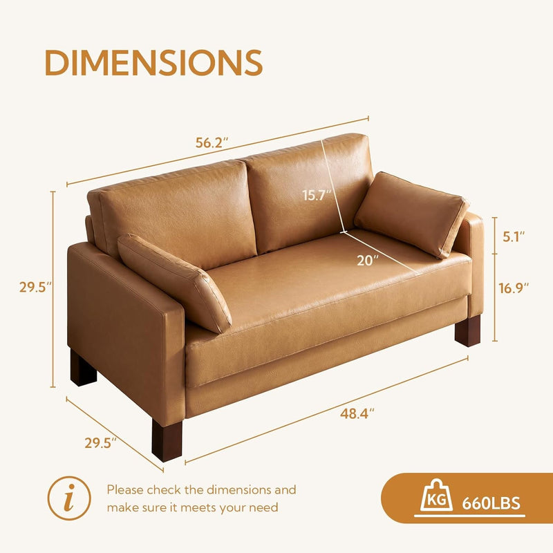 56.2'' Faux Leather Sofa, 2 Seater Loveseat with Wooden Legs, Thick Cushion Coudh for Compact Apartment Loft and Office, Tan