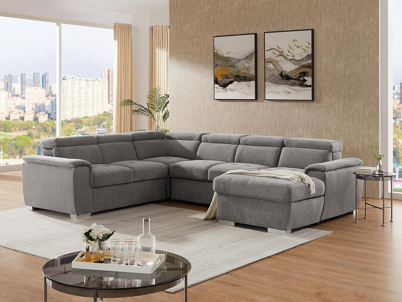 125'' U Shaped Sectional Sleeper Sofa with Pull Out Bed, Storage Chaise Lounge, and Adjustable Headrest, Oversized Sectional Couches for Living Room - Belfast Light Grey