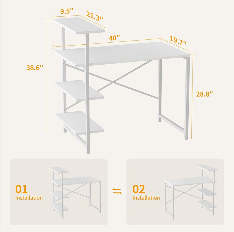 Cubicubi Small Computer Desk with Shelves, 40 Inch Reversible Home Office Desk with 3 Tier Storage Bookshelf, Study Writing Office Table, Pure White