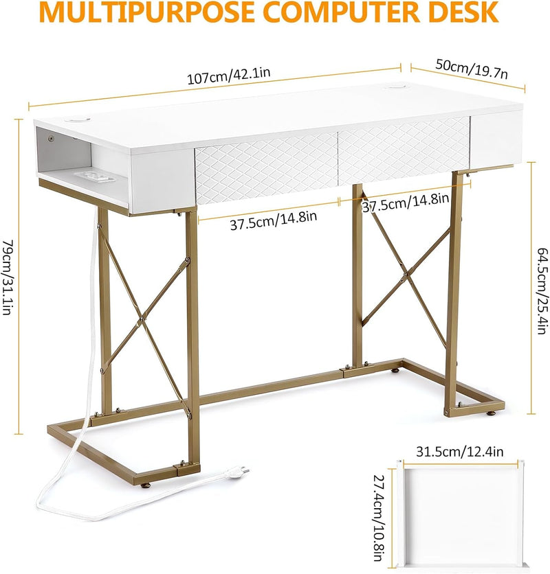 Computer Desk with Drawers, 42 Inch Home Office Desk with Power Outlets, Modern Writing Desk, Vanity Desk with Storage, White & Gold