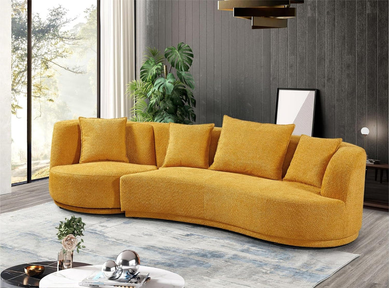 110" Cloud Curved Sofa for Living Room Mid-Century Sofa with 360 Degree Swivel Chair 4 Throw Pillows Comfy Boucle Couch, Luxury 5-Seat Leisure Deap Seat Sectional Sofá Yellow