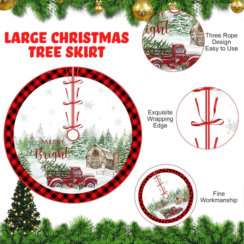 Blosssound Christmas Tree Skirt 48 Inch Red and Black Buffalo Plaid Tree Skirt Red Truck Xmas Tree Skirt Decor Retro Tree Mat for Winter Holiday Farmhouse Christmas Party Tree Decoration