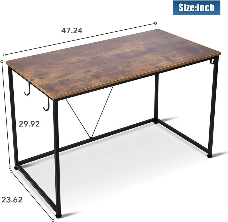 Bestoffice Home Office 47" Gaming Desk for Bedroom Simple Vintage Style with 3 Storage Black Metal Hooks, Easy to Assemble, Dark Brown