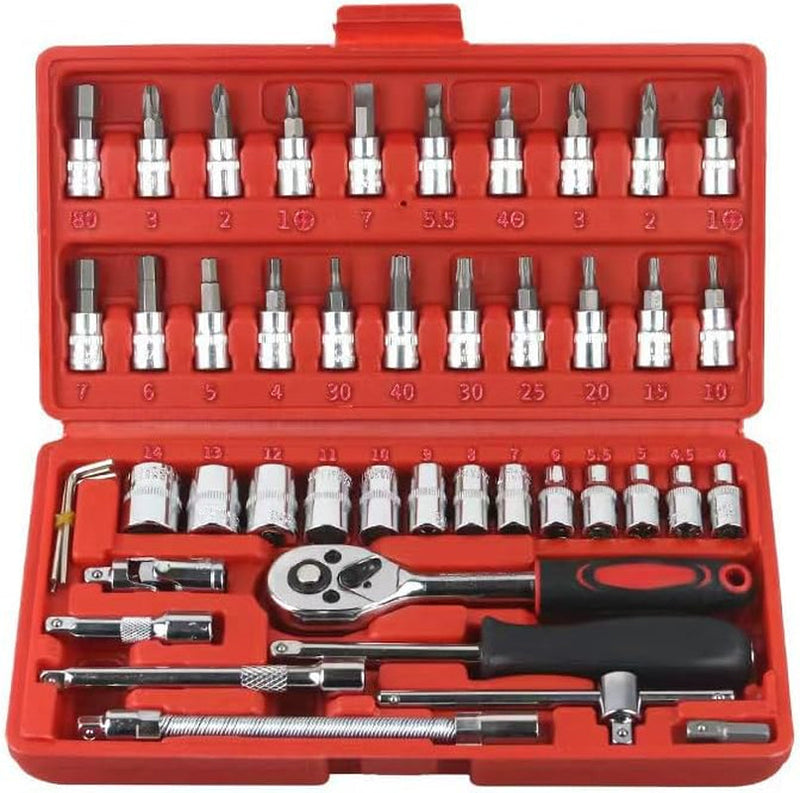 46-Piece 1/4-Inch Socket Set with Quick-Release Ratchet, Screwdriver Kit, Extension for Manual Use on Automobiles&Trucks with Storage Case