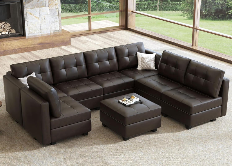 HONBAY Modular Sectional Couch with Storage Faux Leather Convertible Modular Sectional Sofa U Shaped Couch with Ottomans and Chaises Faux Leather 7-Seater Sectional Sofa for Living Room, Brown