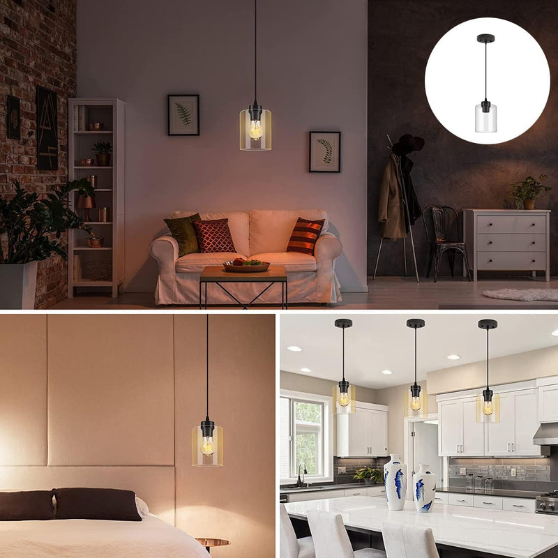 2-Pack Industrial Pendant Lights, Glass Pendant Lamp Shade, Modern Indoor Hanging Light Fixtures,Modern Black Farmhouse Clear Glass Cylinder Pendant Light Fixture, Bulb Not Included
