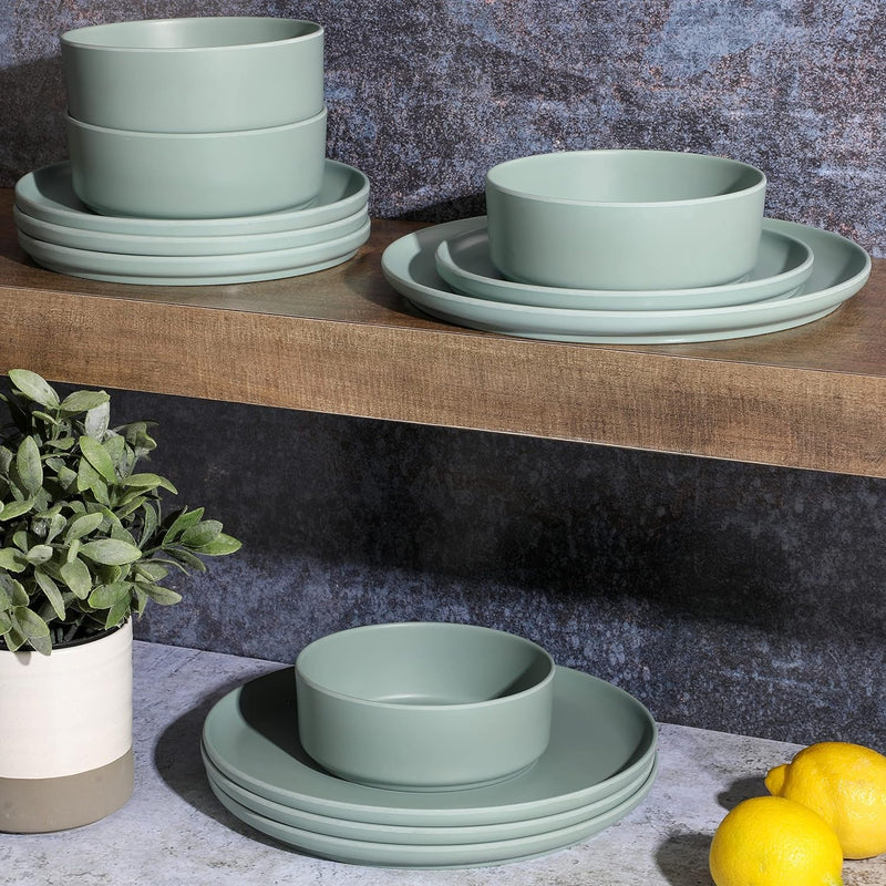 Gibson Home Canyon Crest Stackable Matte Melamine Set - Sage Green, Service for Four (12Pcs)