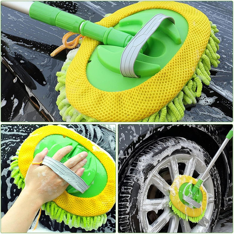 47.5" Car Wash Brush Mop Cleaning Tool with Long Handle Kit for Washing Detailing Cars Truck, SUV, RV, Trailer, Boat 2 in 1 Chenille Microfiber Sponge Duster Not Hurt Paint Scratch Free