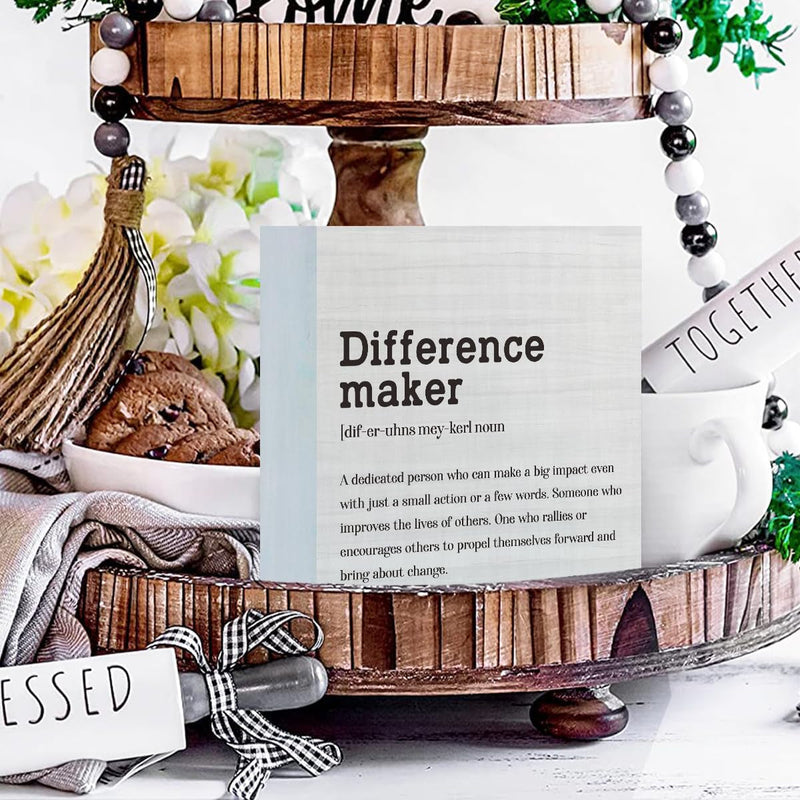 Difference Maker Definition Home Office Decor Wooden Box Sign, Motivational Farmhouse Decorative Positive Office Desk Accessories Wood Plaque Affirmations Wood Table Sign for TV Cabinet Shelf