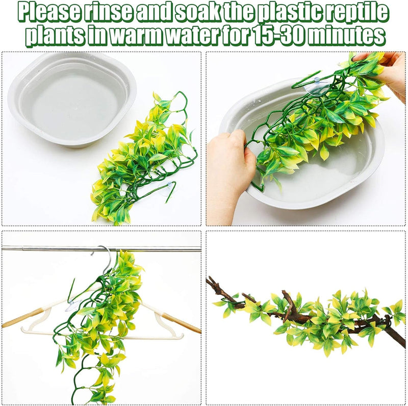 5Pieces Artificial Reptile Plants Lifelike Reptiles Terrarium Leaves Plastic Reptile Habitats Plant Amphibian Hanging Terrarium Plants Decorations with Suctioncups for Hermit Crab Lizards Geckos Snake