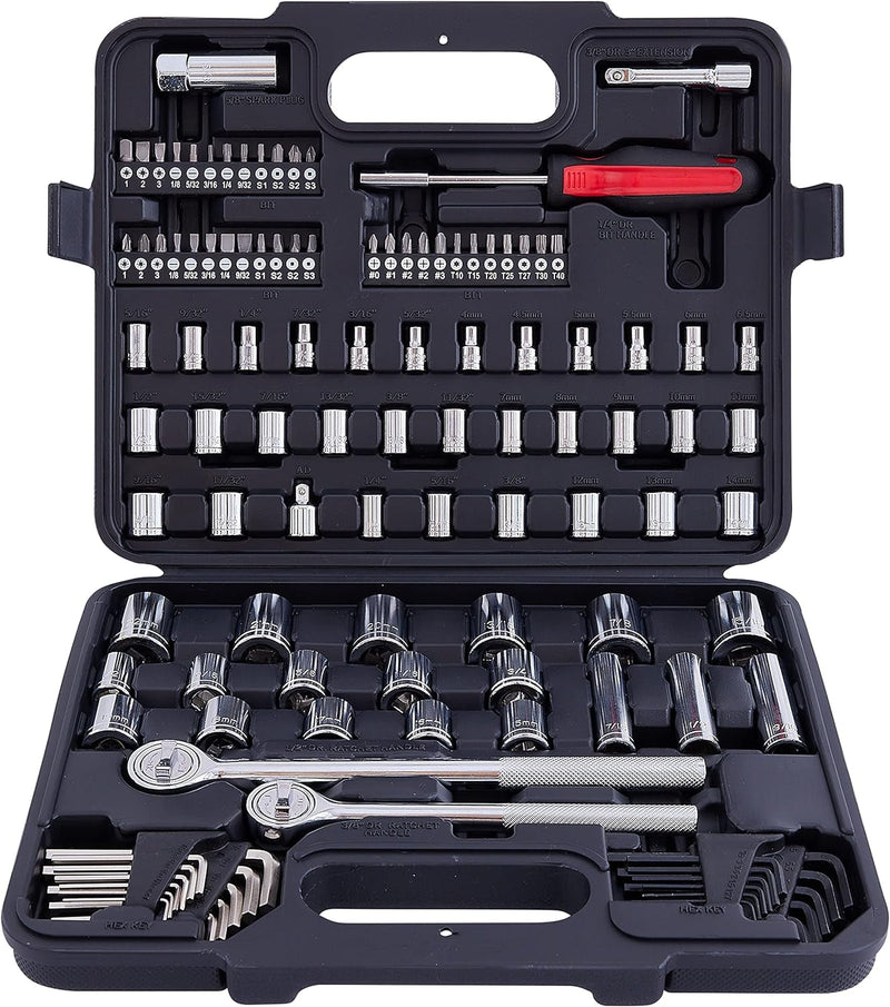 121 Piece Mechanic Tool Socket Set 3/8 and 1/4 Inch Drive SAE & Metric Size, with Tool Box Storage Case for Home, Car Trunk, Automotive, Bike Projects and as a Gift