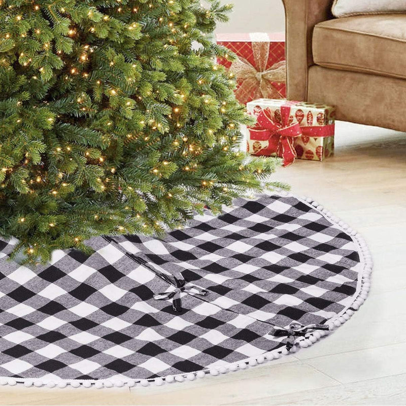 Christmas Tree Skirt, Black Christmas Tree Skirt 30 Inches Soft Double Layer Burlap Tree Skirt with Pom Pom for Rustic Christmas Halloween Decorations