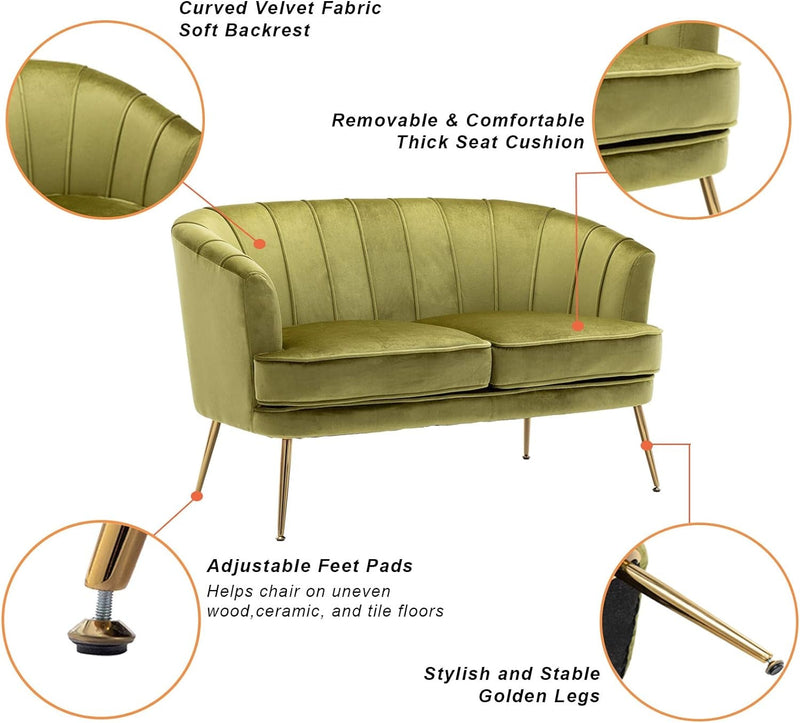 Artechworks Contemporary Velvet Loveseat Chair with Gold-Finished Metal Legs, 2-Seat Sofa for Living Room, Bedroom, Home Office, Grass Green