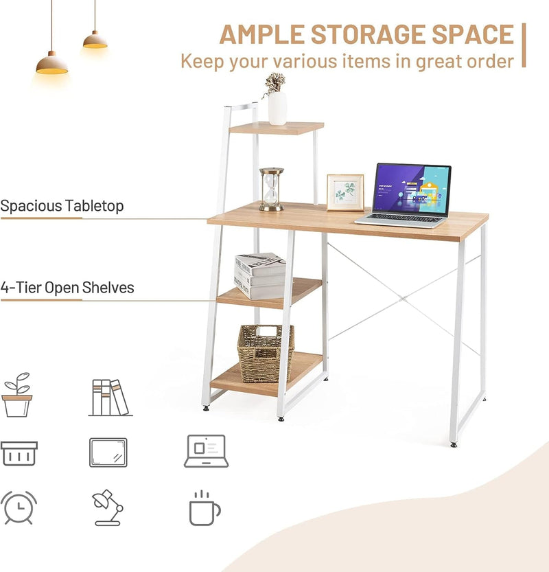 COSTWAY Computer Desk with 4-Tier Storage Shelves, Home Office Desk Writing Table with Sturdy X-Shape Frame, Adjustable Foot Pads, Modern Small Study Desk, Wide Tabletop (Natural and White)