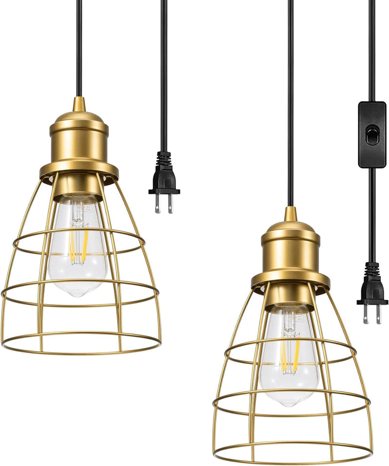 DEWENWILS Plug in Pendant Light, Black Farmhouse Cage Pendant Light Fixtures with 15FT Cord, Hanging Lights for Bedroom, Kitchen Island, Dining Hall, E26 Base Socket, 2 Pack, UL Listed