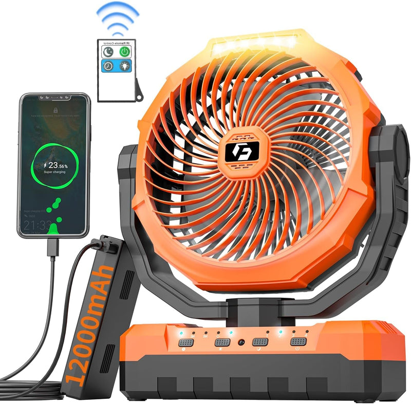 12000Mah Camping Fan - 9-Inch Detachable Rechargeable Battery Operated Fan with Light & Hook for Tent, Outdoor - USB Table Fan with 4 Speeds for Picnic, BBQ, Fishing, Travel, Gifts for Men/Women/Dad