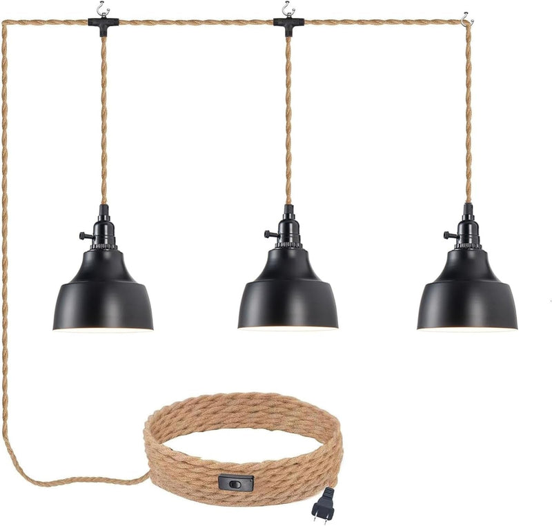3 Light Plug in Pendant Light Cord 22FT Industrial Farmhouse Hanging Lamp with Twisted Hemp Rope Independent Triple Switch Hanging Light Chandelier for Dining Room Kitchen Black Finish