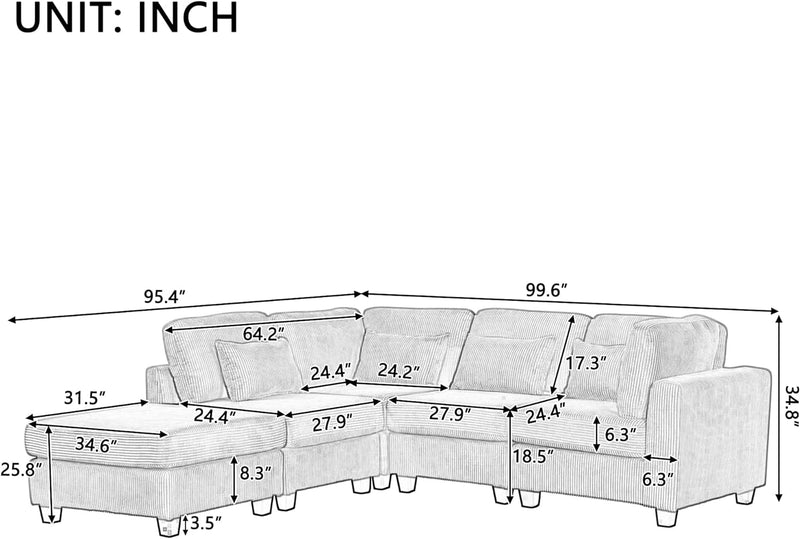 Convertible Sectional Couch, 5 Seater L-Shaped Sofa with Movable Ottoman and Solid Wood Legs, Modular Sofa&Couch for Small Apartments, Living Room and Office, Beige 99.6" 95.4"