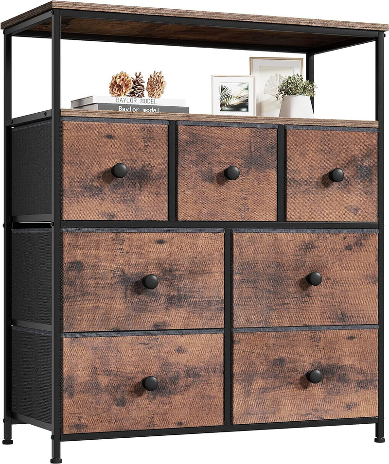 Enhomee Dresser, Dresser for Bedroom with 7 Drawers, Dressers & Chests of Drawers for Bedroom, Dresser TV Stand with Wooden Top and Metal Frame, Fabric Dresser for Bedroom, Living Room, Closet