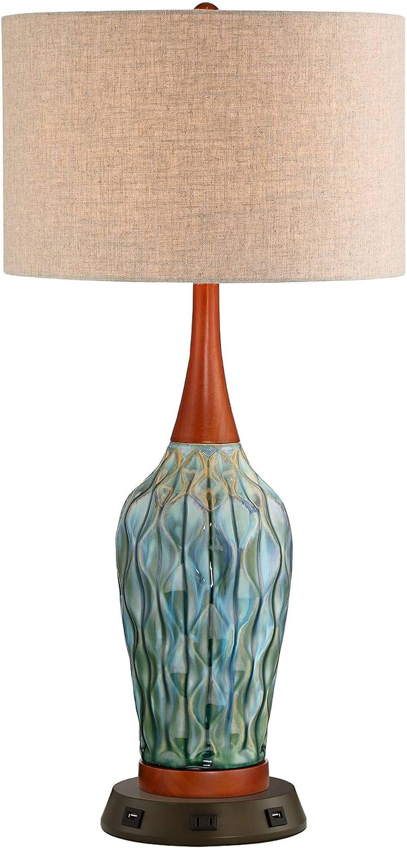360 Lighting Rocco Mid Century Modern Table Lamp 30" Tall Ceramic Blue Teal Glaze Wood Handmade Linen Drum Shade Decor for Living Room Bedroom House Bedside Home Entryway (Colors May Vary)