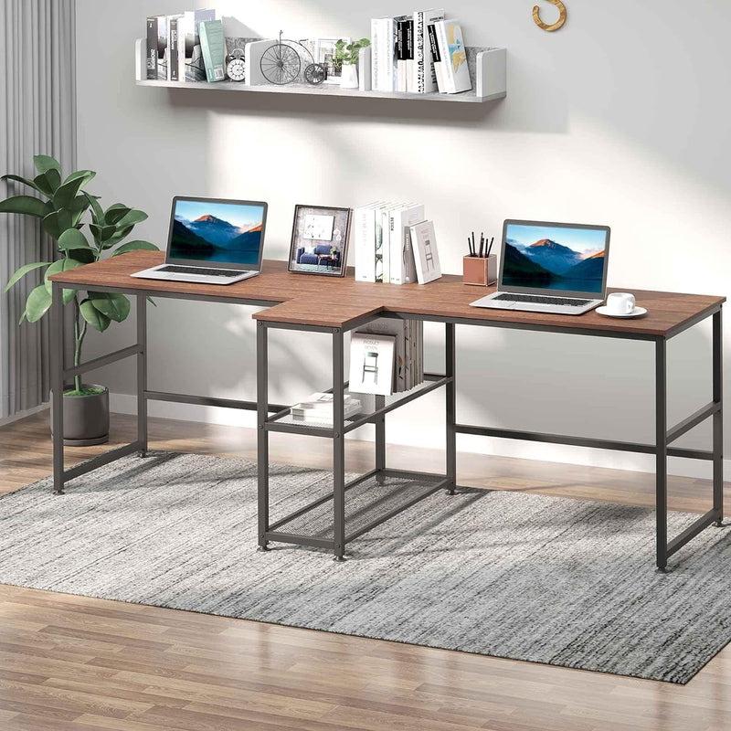 HOMCOM 83" Two Person Computer Desk with 2 Storage Shelves, Double Desk Workstation with Book Shelf, Long Desk Table for Home Office, Dark Walnut