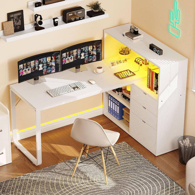 DWVO L Shaped Desk with Drawers, 55" Corner Computer Desk with Bookshelf & Power Outlets & LED Lights, Home Office Desk with Storage Shelves, White