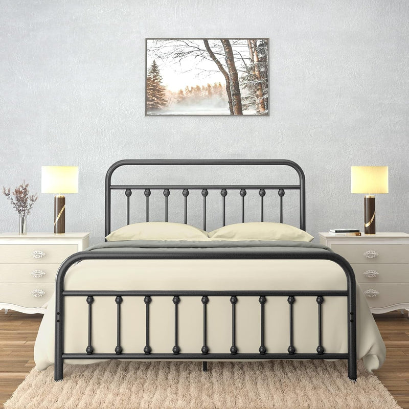 Castlebeds Vintage Bed Frame Queen Size Black with Headboard Footboard Wrought Rod Iron Art Heavy Duty Steel Metal Platform Foundation Farmhouse Industrial Victorian Style 1000 Lbs Capacity
