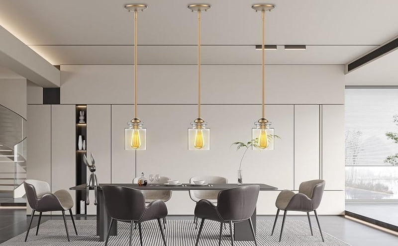 Glass Pendant Lighting Fixture Modern Golden Clear Glass Cylinder Pendant Light,Pendant Lights for Kitchen Island Modern Ceiling Lights for Living Room PACK of 2(Bulb Not Included)