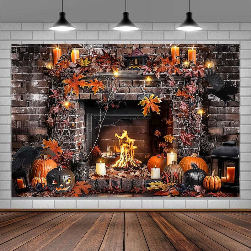 10X8Ft Halloween Fireplace Backdrops Photography Fall Fireplace Stone Brick Floor Skulls Hallowmas Wall Background Halloween Photo Decorations Studio Props