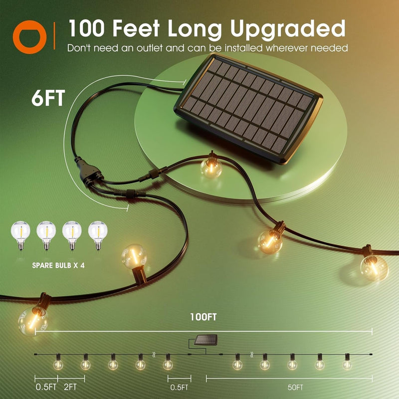 Addlon 100FT Solar String Lights Outdoor with Remote, 54 LED Shatterproof Bulbs, Dimmable & Timable, 3 Light Modes, G40 Waterproof Solar String Lights for outside Backyard Party Decor