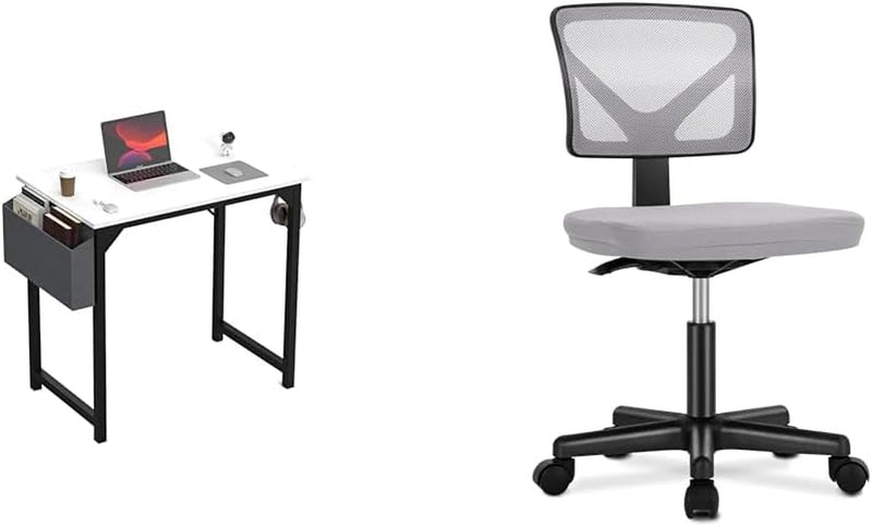 DUMOS 32 Inch Office Small Computer Desk Modern Simple Style Writing Study Work Table & Armless Desk Chairs with Wheels Cute Home Office Chair No Arms