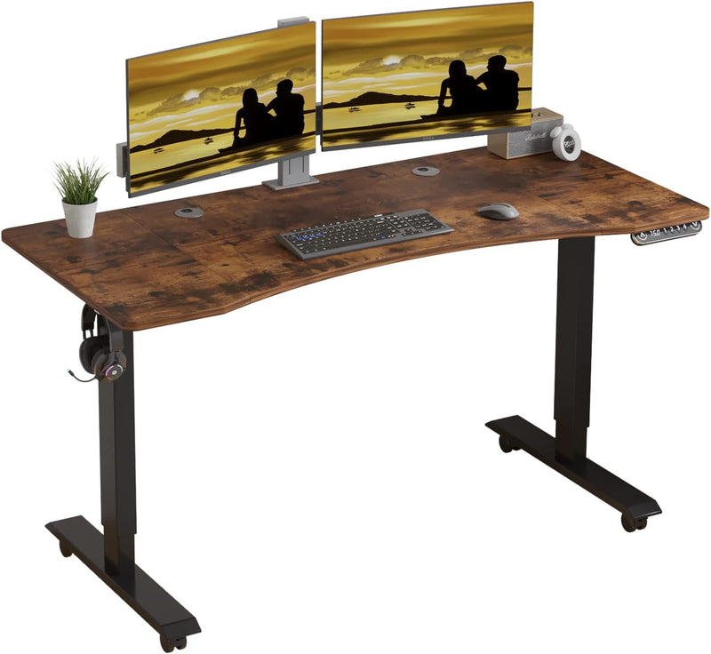 Adjustable Height Electric Standing Desk, 55 X 24 Inch Sit Stand Computer Desk with Lockable Casters, Stand up Desk Table for Home Office, Black Frame/Rustic Brown + Black Top
