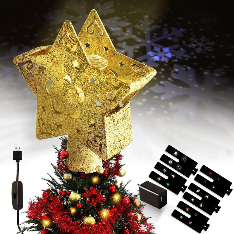 Christmas Tree Star Topper Projector - Ponwec Gold Tree Topper with LED 3D 360°Rotating Lights,6 Projection Pattern Glitter Star Projector Adjustable Xmas Tree Topper for Christmas Tree Decorations