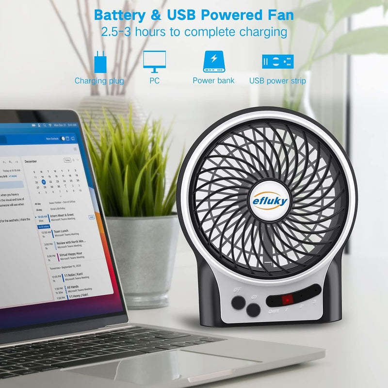 Efluky 3 Speeds Mini Desk Fan, Rechargeable Battery Operated Fan with LED Light, Portable USB Fan Quiet for Home, Office, Travel, Camping, Outdoor, Indoor Fan, 4.9-Inch, Black