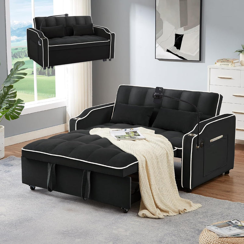 3-In-1 Convertible Velvet Sofa Sleeper Loveseat Lounge for Small Spaces with Adjustable Backrest and Pillows,With USB Port and Storage Pockets and Cup Holder and Swivel Phone Stand,Black