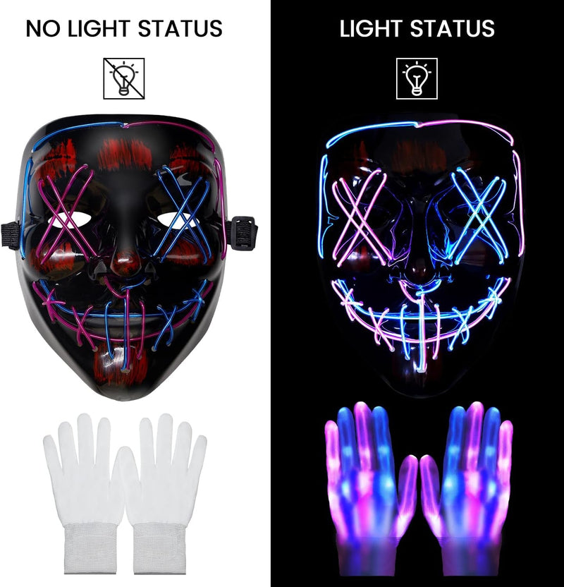 BOMLY Halloween Purge Mask Light up Scary Masks with Glowing Gloves LED Mask for Adults Cosplay Costume Festival Party Gift