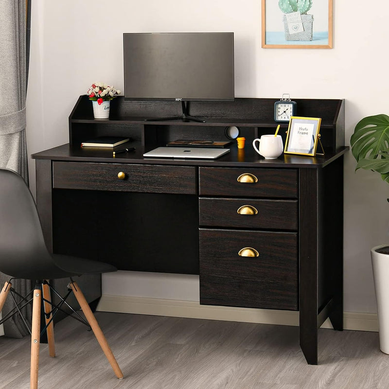 Catrimown Computer Desk with Drawers and Hutch, Wood Office Desk Teens Student Desk Study Table Writing Desk for Bedroom Small Spaces Furniture with Storage Shelves, Espresso Brown