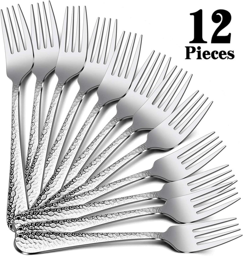 E-Far 12-Piece Stainless Steel Hammered Dinner Forks Set, Salad Flatware Forks Use for Home, Kitchen, Restaurant, round Edge & Mirror Polished, Dishwasher Safe - 7.9 Inches