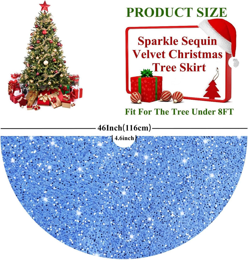 FUHSY Glitter Christmas Tree Skirt 46 Inches Light Blue Velvet Christmas Tree Skirt Farmhouse Tree Skirt for Large Xmas Tree Skirts Sequin Christmas Tree Collar for Family Reunion Birthday Party Decor